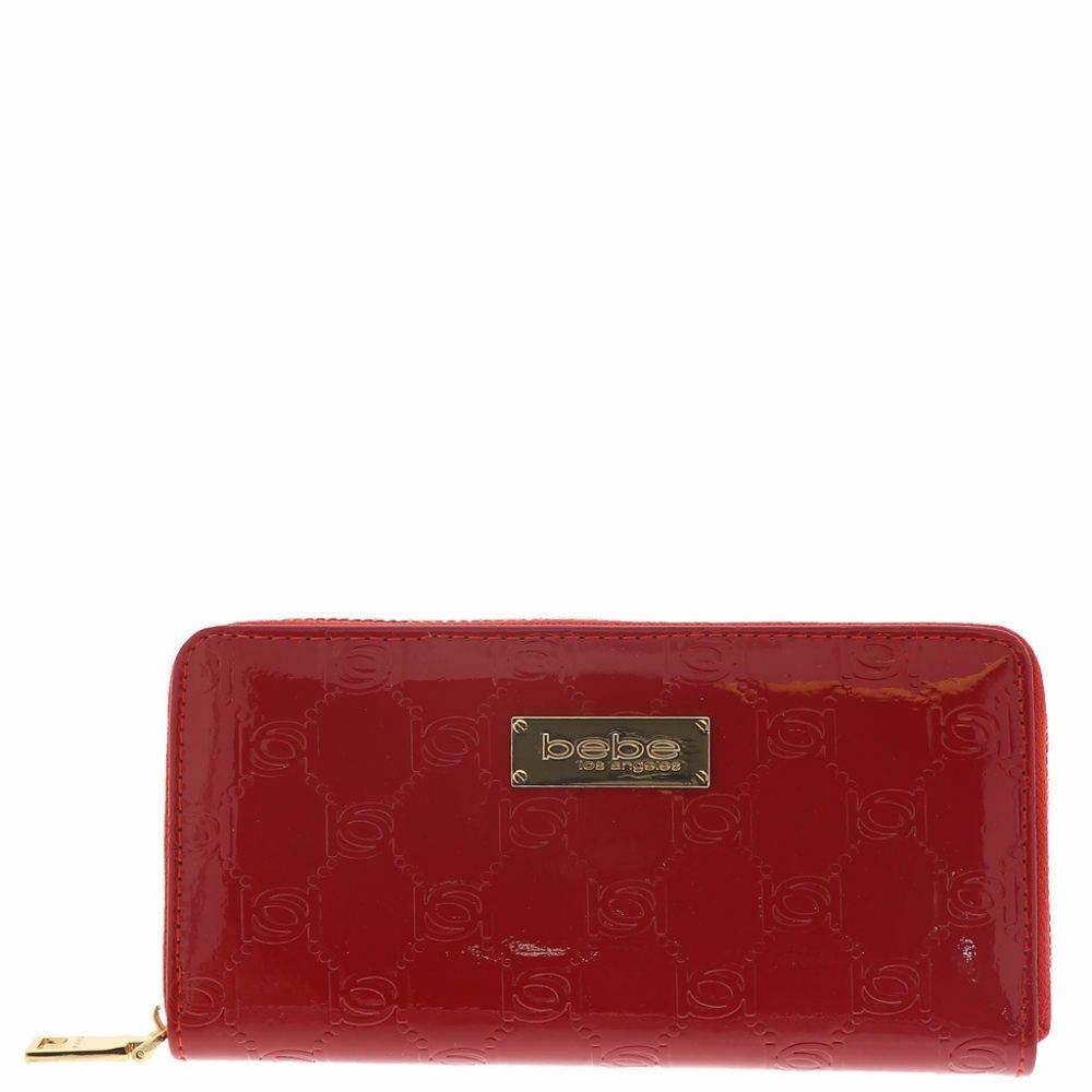 bebe Logo Red Patent Leather zip around Wallet